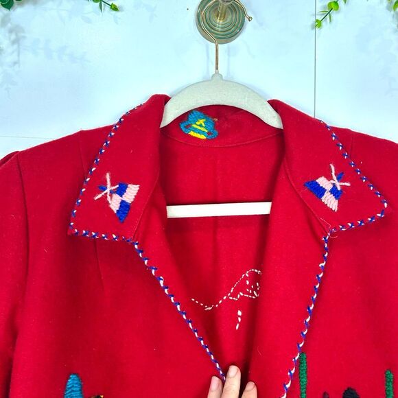 Vintage Handmade Tourist Jacket Womens Medium Red Embroidered Mexican Folk Art - Picture 11 of 13